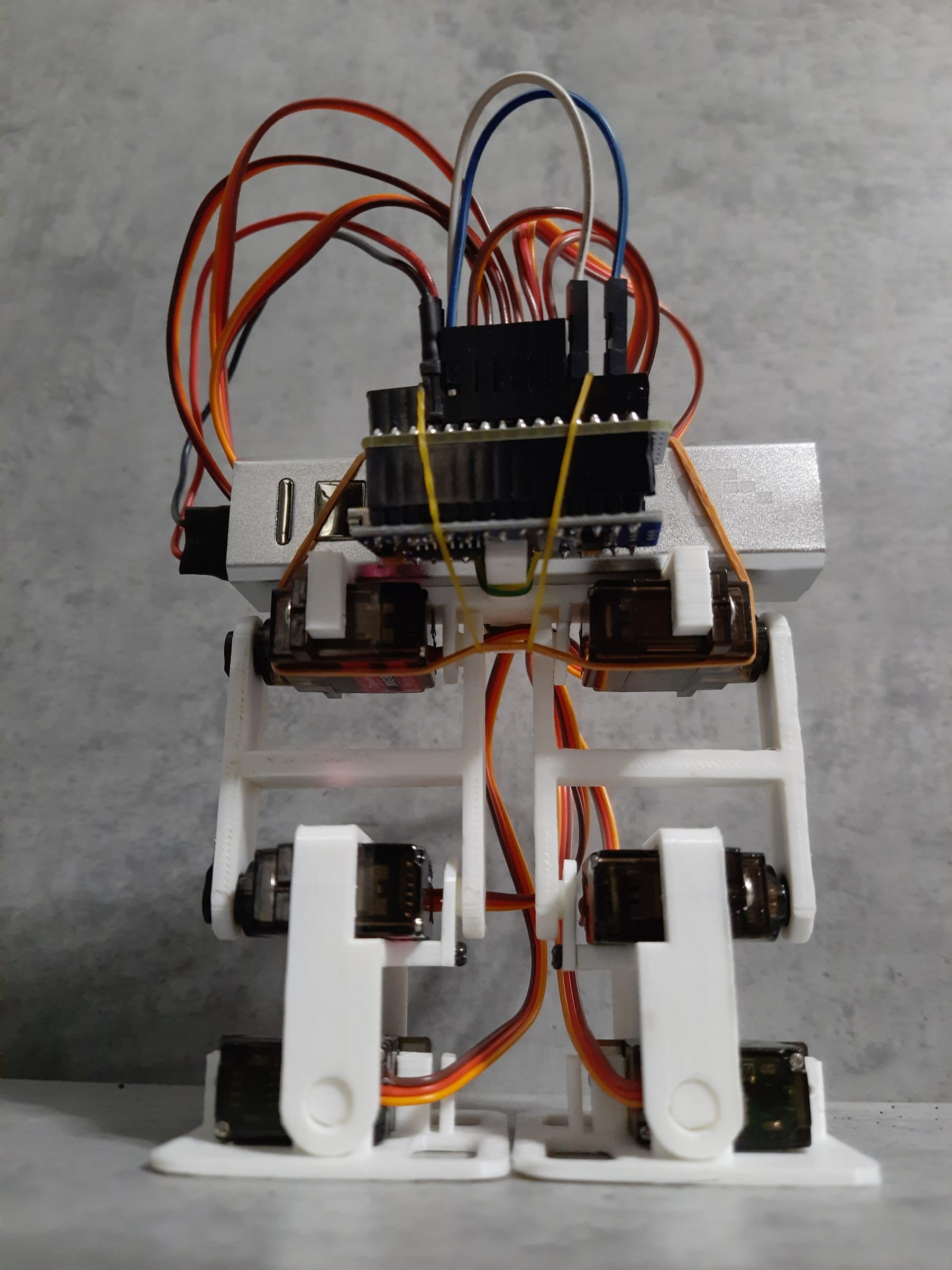 Dvounohý chodící robot se servy v kloubech